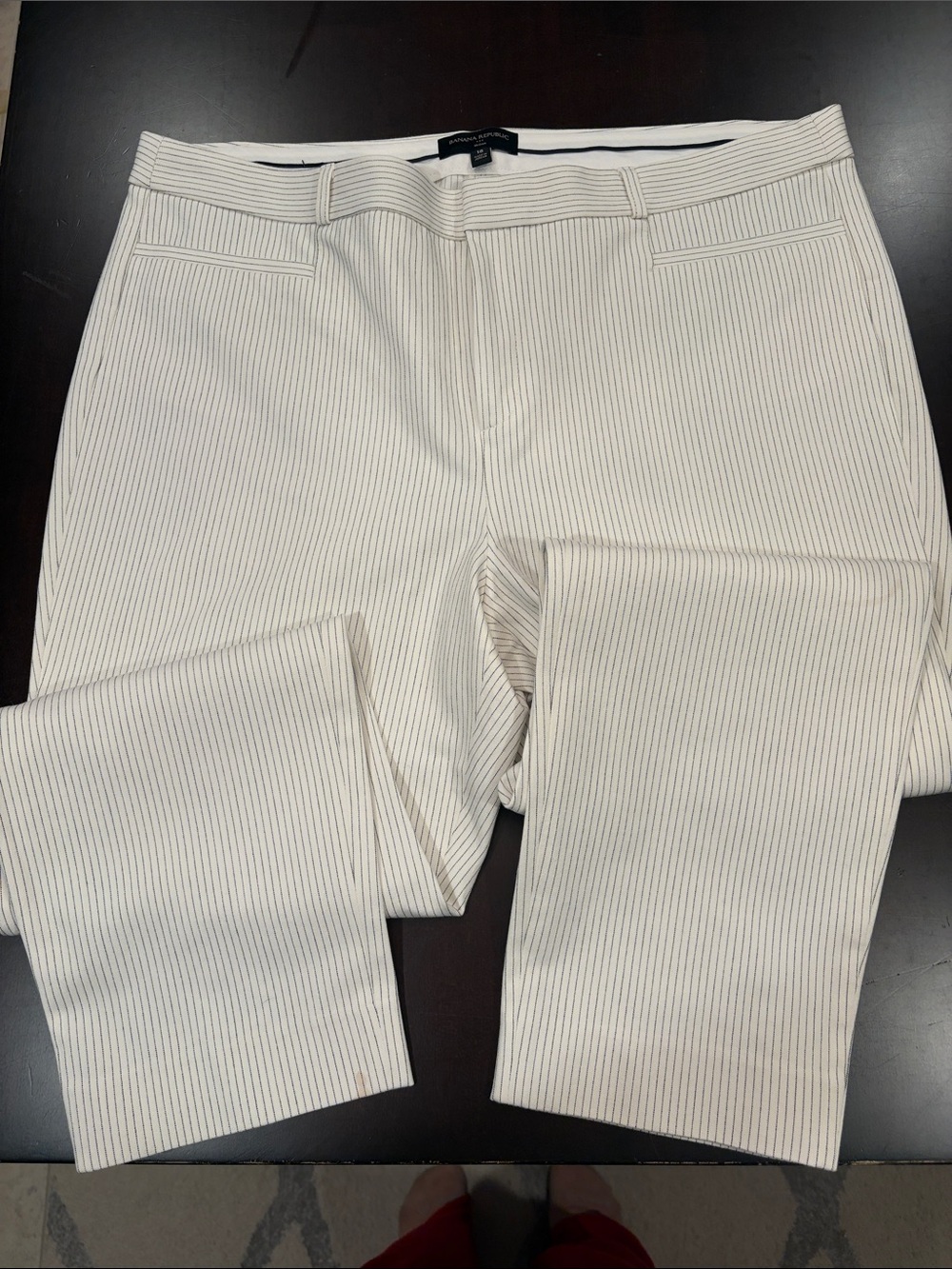 Banana Republic Cream Chinos with Thin Navy Pinstripes